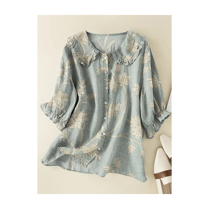 Women Floral Short Sleeve Shirt Summer Printing Shawl Collar Daily Casual Top