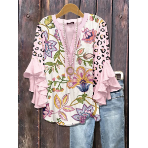 Women Floral Half Sleeve Shirt Summer Printing V Neck Daily Casual Top