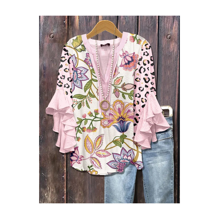 Women Floral Half Sleeve Shirt Summer Printing V Neck Daily Casual Top
