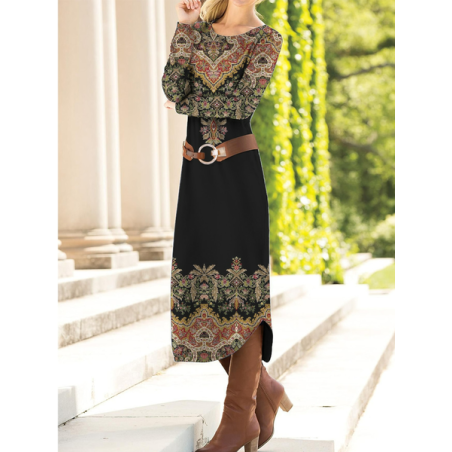 Women's Long Sleeve Spring/Fall Ethnic Dress Crew Neck Daily Going Out Casual Maxi H-Line T-Shirt Dress