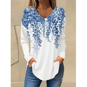 Women's Long Sleeve Blouse Spring/Fall Floral V Neck Daily Going Out Casual Top