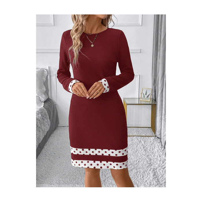 Women's Long Sleeve Spring/Fall Multicolor Block Dress Crew Neck Holiday Going Out Vintage Mini H-Line Hip Skirt
