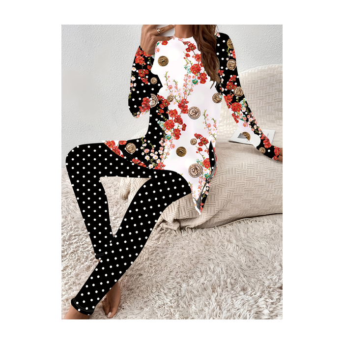 Women's Jersey Floral Daily Going Out Two Piece Set Long Sleeve Casual Spring/Fall Top With Pants Matching Set