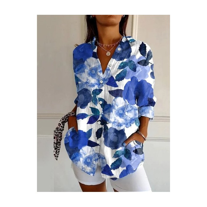Women Floral Long Sleeve Shirt Spring/Fall Buckle Shirt Collar Daily Casual Top