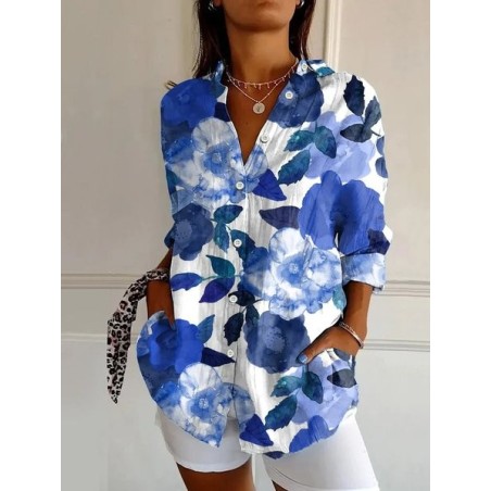 Women Floral Long Sleeve Shirt Spring/Fall Buckle Shirt Collar Daily Casual Top