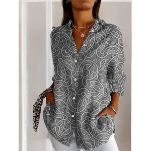 Women's Long Sleeve Shirt Spring/Fall Geometric Cotton Shirt Collar Daily Going Out Casual Top