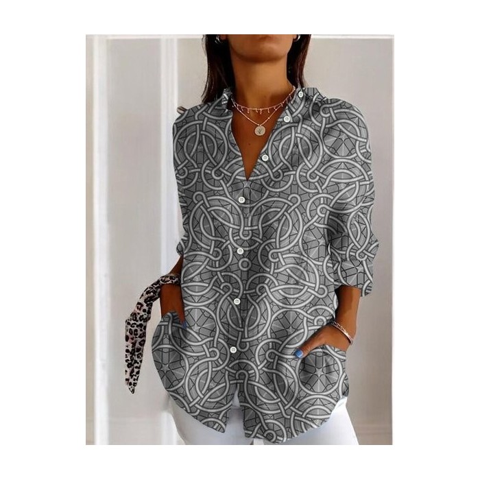 Women's Long Sleeve Shirt Spring/Fall Geometric Cotton Shirt Collar Daily Going Out Casual Top