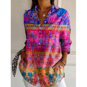 Women's Long Sleeve Shirt Spring/Fall Floral Buckle Shirt Collar Daily Going Out Casual Top