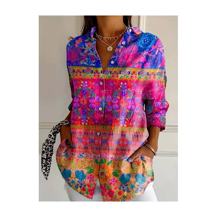 Women's Long Sleeve Shirt Spring/Fall Floral Buckle Shirt Collar Daily Going Out Casual Top