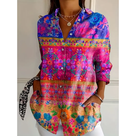 Women's Long Sleeve Shirt Spring/Fall Floral Buckle Shirt Collar Daily Going Out Casual Top