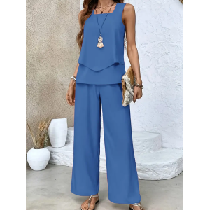 Women's Plain Two-Piece Set Daily Sleeveless Casual Summer Top With Pants Matching Set