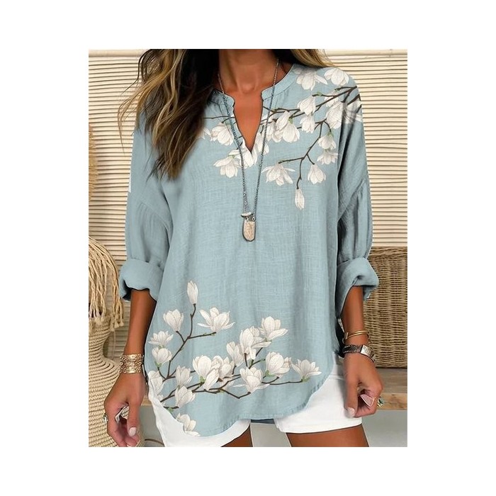Women's Floral Long Sleeve Shirt Spring/Fall V Neck Daily Casual Top