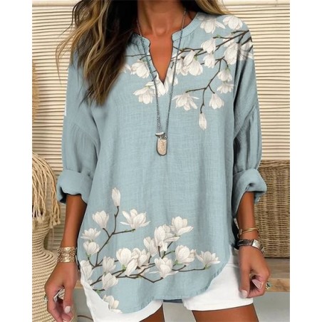 Women's Floral Long Sleeve Shirt Spring/Fall V Neck Daily Casual Top