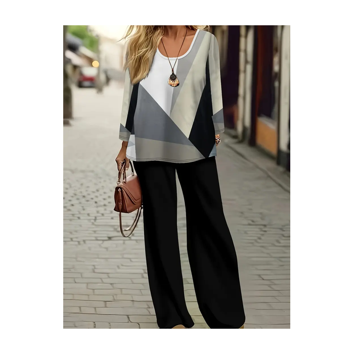 Women's Geometric Printing Two-Piece Set Daily Long Sleeve Casual Spring/Fall Top With Pants Matching Set