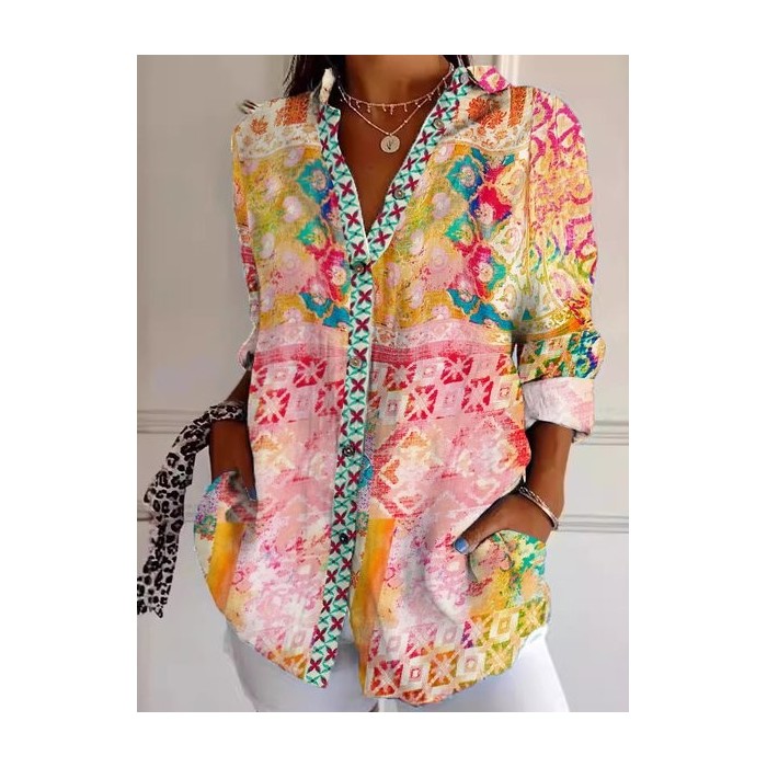 Women Ethnic Long Sleeve Shirt Spring/Fall Shirt Collar Daily Casual Top
