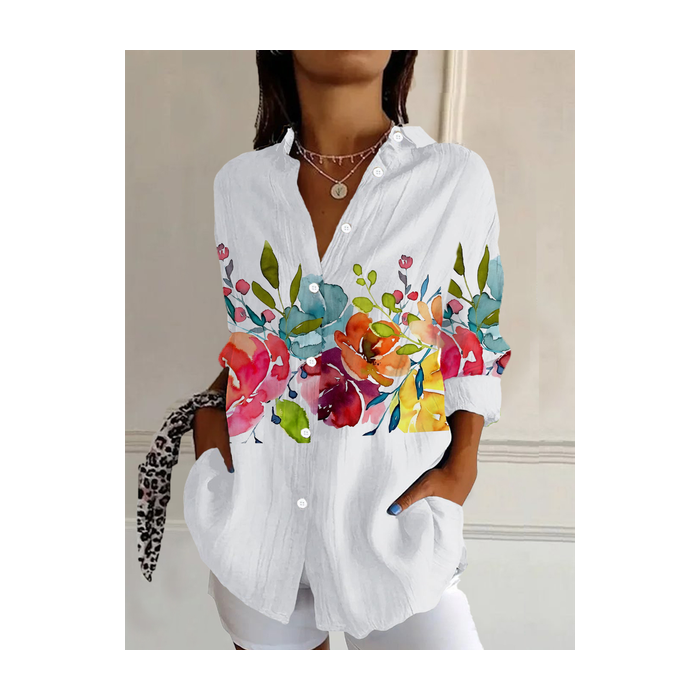 Women Floral Long Sleeve Shirt Spring/Fall Buckle Shirt Collar Daily Casual Top
