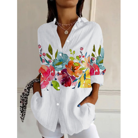 Women Floral Long Sleeve Shirt Spring/Fall Buckle Shirt Collar Daily Casual Top