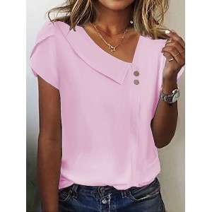 Women Striped Short Sleeve Tee T-shirt Asymmetrical Buckle Casual Summer Top