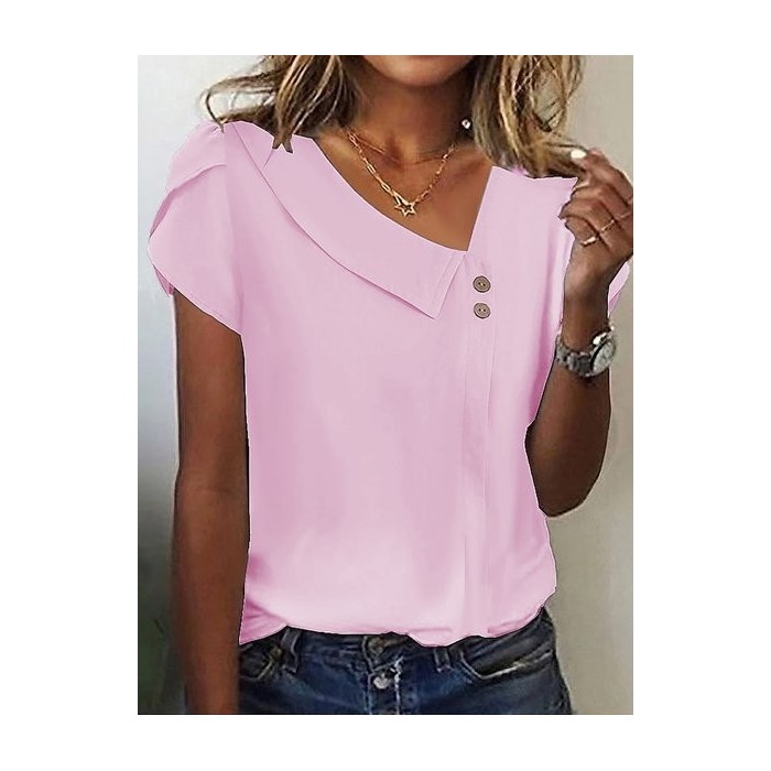 Women Striped Short Sleeve Tee T-shirt Asymmetrical Buckle Casual Summer Top