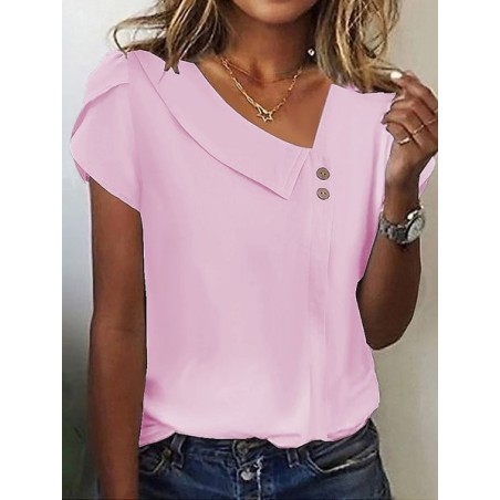 Women Striped Short Sleeve Tee T-shirt Asymmetrical Buckle Casual Summer Top