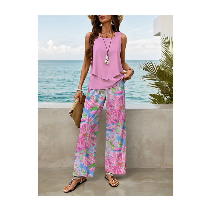 Women Floral Printing Two-Piece Set Daily Sleeveless Casual Summer Top With Pants Matching Set