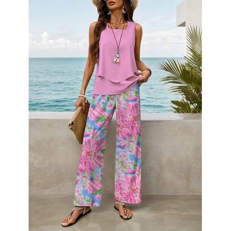 Women Floral Printing Two-Piece Set Daily Sleeveless Casual Summer Top With Pants Matching Set