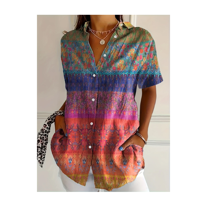Women Floral Short Sleeve Shirt Summer Printing Shirt Collar Daily Casual Top