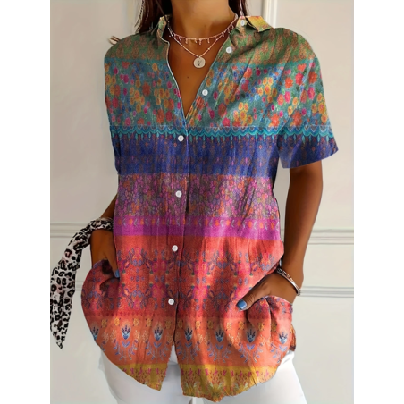 Women Floral Short Sleeve Shirt Summer Printing Shirt Collar Daily Casual Top