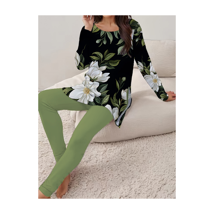 Women Floral Printing Two-Piece Set Daily Long Sleeve Casual Spring/Fall Top With Pants Matching Set