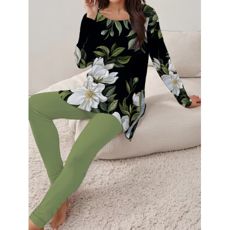 Women Floral Printing Two-Piece Set Daily Long Sleeve Casual Spring/Fall Top With Pants Matching Set