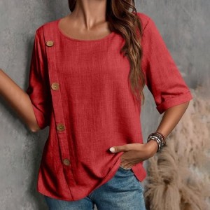 Women Plain Half Sleeve Blouse Summer Split Joint Crew Neck Daily Casual Top