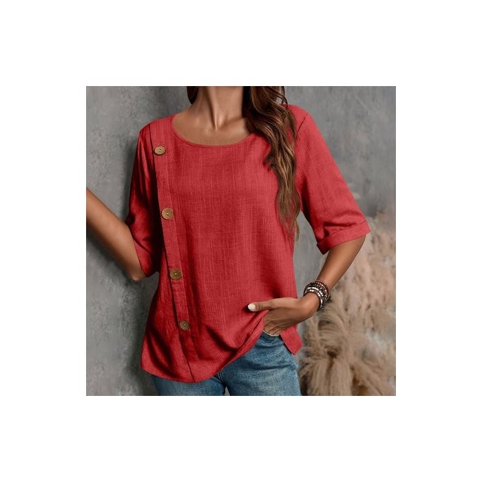 Women Plain Half Sleeve Blouse Summer Split Joint Crew Neck Daily Casual Top
