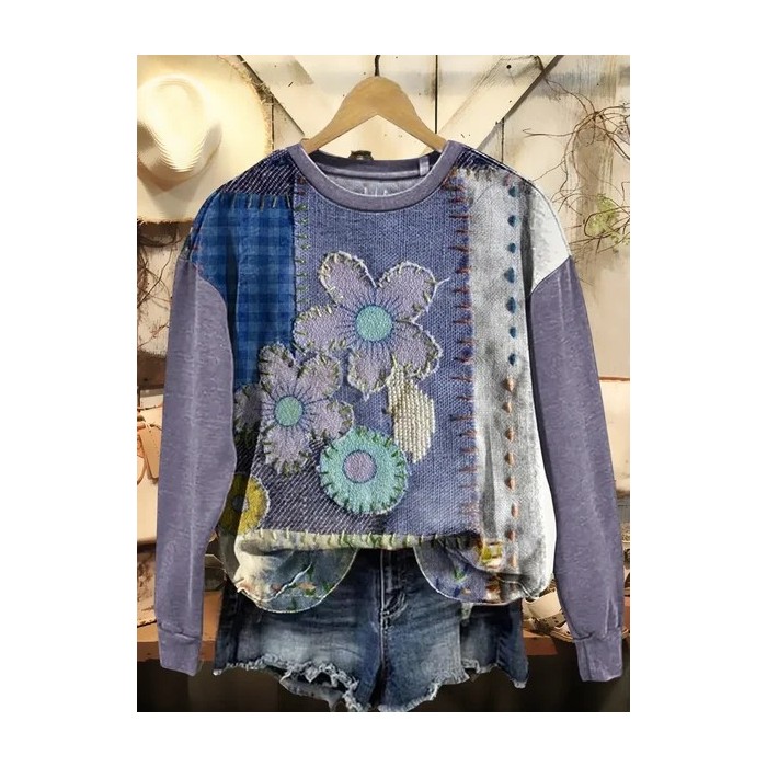 Women Floral Crew Neck Printing Casual Spring/Fall Long Sleeve Sweatshirt