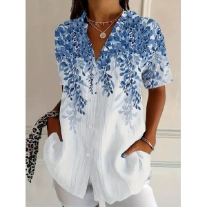 Women Floral Short Sleeve Shirt Summer Printing Shirt Collar Daily Casual Top