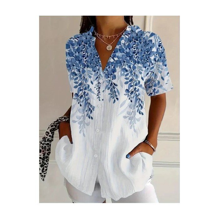 Women Floral Short Sleeve Shirt Summer Printing Shirt Collar Daily Casual Top