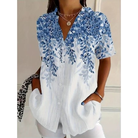 Women Floral Short Sleeve Shirt Summer Printing Shirt Collar Daily Casual Top