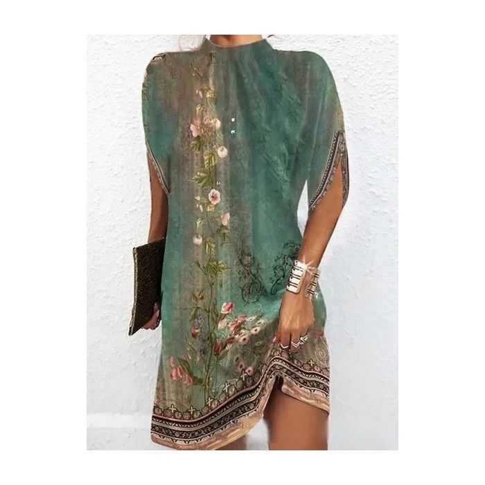 Women Geometric Short Sleeve Summer Printing Dress Crew Neck Dolman Sleeve Daily Vintage Midi Tank A-Line Dress