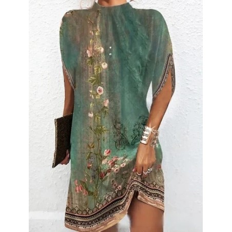 Women Geometric Short Sleeve Summer Printing Dress Crew Neck Dolman Sleeve Daily Vintage Midi Tank A-Line Dress