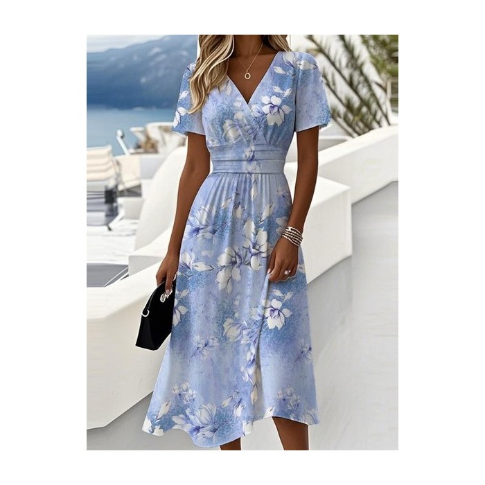 Women Floral Short Sleeve Summer Dress V Neck Daily Casual Maxi Beach Dress A-Line Dress