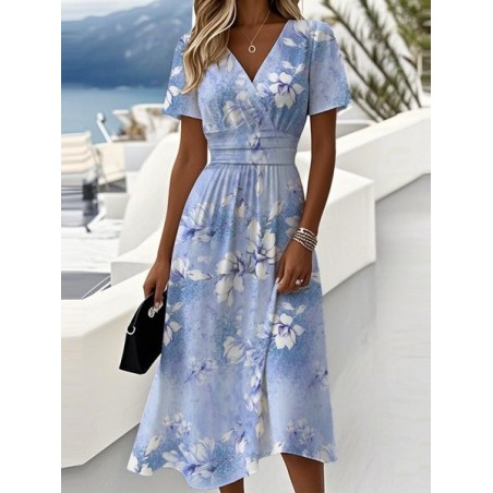 Women Floral Short Sleeve Summer Dress V Neck Daily Casual Maxi Beach Dress A-Line Dress