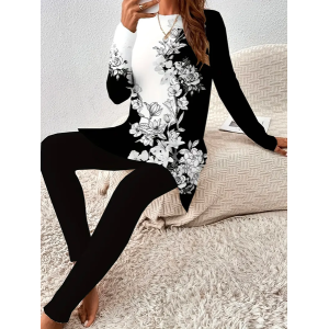 Women Floral Printing Two-Piece Set Daily Long Sleeve Casual Spring/Fall Top With Pants Matching Set