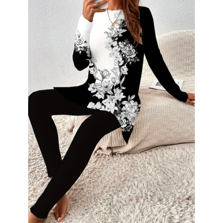 Women Floral Printing Two-Piece Set Daily Long Sleeve Casual Spring/Fall Top With Pants Matching Set