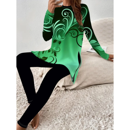 Women Abstract Printing Two-Piece Set Daily Long Sleeve Casual Spring/Fall Top With Pants Matching Set
