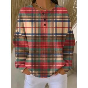 Women Plaid Crew Neck Printing Casual Spring/Fall Long Sleeve Sweatshirt
