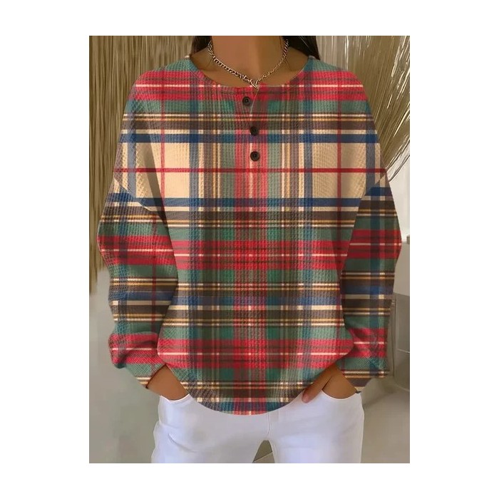 Women Plaid Crew Neck Printing Casual Spring/Fall Long Sleeve Sweatshirt