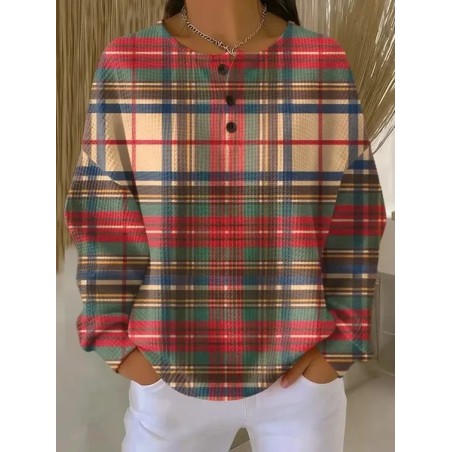 Women Plaid Crew Neck Printing Casual Spring/Fall Long Sleeve Sweatshirt