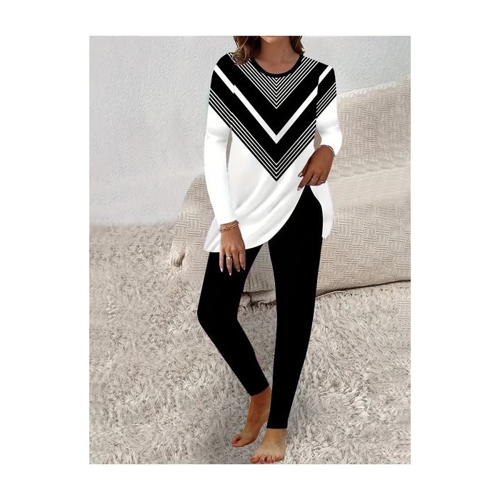 Women's Jersey Geometric Daily Going Out Two Piece Set Long Sleeve Casual Spring/Fall Top With Pants Matching Set