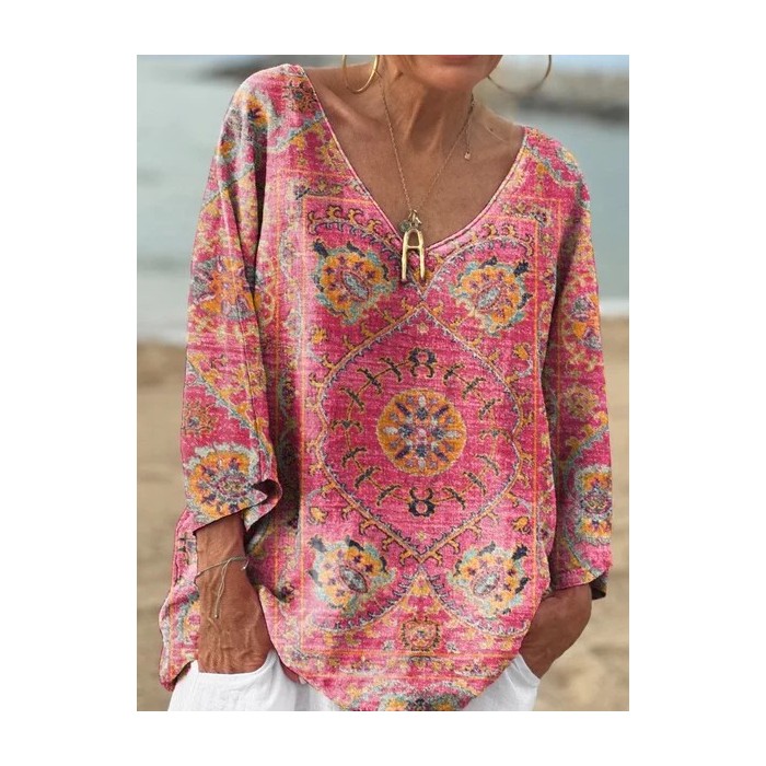Women's Long Sleeve Tee T-shirt Spring/Fall Ethnic Geometry Jersey V Neck Daily Going Out Casual Top