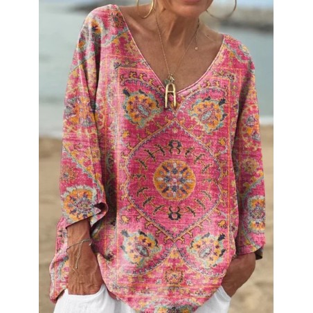 Women's Long Sleeve Tee T-shirt Spring/Fall Ethnic Geometry Jersey V Neck Daily Going Out Casual Top