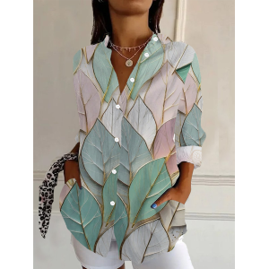 Women's Floral Long Sleeve Shirt Spring/Fall Leaf Buckle Shirt Collar Daily Going Out Casual Top
